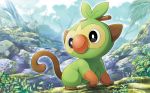  black_eyes blue_sky closed_mouth cloud cloudy_sky creature day full_body gen_8_pokemon grookey happy kirisaki monkey no_humans official_art outdoors plant pokemon pokemon_(creature) pokemon_trading_card_game sky smile solo 