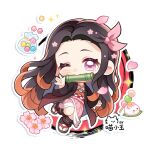  1girl \||/ artist_name bamboo black_hair blush brown_sandals checkered_sash chibi chibi_only chinese_commentary closed_mouth commentary_request dango flower food full_body hair_ribbon hand_up haori highres japanese_clothes kamado_nezuko kimetsu_no_yaiba kimono long_hair long_sleeves looking_at_viewer miaoxiaoyu_huihuakecheng multicolored_hair obi orange_hair outline pink_eyes pink_flower pink_kimono pink_ribbon ribbon sandals sanshoku_dango sash socks solo standing standing_on_one_leg tabi two-tone_hair wagashi white_outline white_socks wide_sleeves 