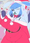 2025 absurd_res accessory anthro anthrofied bangs belly belt big_breasts blowup_background blue_body blue_eyes blue_hair blue_sclera bow_ribbon bow_tie bra_strap breasts christmas christmas_clothing christmas_headwear cleavage clothed clothing costume curvy_figure cute_fangs digital_drawing_(artwork) digital_media_(artwork) eeveelution fangs female generation_4_pokemon glaceon gloves_(marking) hair hair_accessory hair_bow hair_ribbon hat headgear headwear hi_res holidays holly_(plant) kaarin_owo looking_at_viewer markings mouth_hold navel_outline nintendo one_eye_closed overweight overweight_anthro overweight_female paw_pose plant pokemon pokemon_(species) pokemorph portrait pose ribbons santa_costume santa_dress santa_hat side_bangs simple_background slightly_chubby slightly_chubby_anthro slightly_chubby_female smile smiling_at_viewer solo teeth three-quarter_portrait three-quarter_view wide_hips wink winking_at_viewer