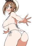  1girl :d ass atelier_(series) atelier_ryza atelier_ryza_1 beret bikini breasts brown_eyes brown_hair commentary_request ecgg_(tsuji418477) hair_ornament hairclip hat highres large_breasts micro_bikini open_mouth reisalin_stout short_hair simple_background smile solo swimsuit white_background white_bikini white_hat 