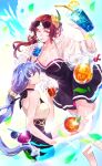 2girls ;d absurdres amyucheu black_dress black_hair blue_eyes breasts cleavage commentary_request dress drinking_straw eyewear_on_head flower fu_hua hair_flower hair_ornament highres holding_straw honkai_(series) honkai_impact_3rd iced_tea jacket korean_commentary large_breasts lemonade looking_at_viewer mole mole_on_breast multiple_girls murata_himeko one_eye_closed red_hair smile white_jacket yellow_eyes yellow_flower 