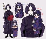  1boy 1girl :d animal_print araya_(project_moon) back_bow backpack bag belt black_belt black_coat black_eyes black_hair black_hakama black_sandals black_shoes blue_bow blue_kimono blue_streaks blunt_bangs bow butterfly_print carrying character_doll child child's_drawing child_carry closed_eyes closed_mouth coat crossed_arms doll flute flying_sweatdrops forehead grey_background grin hakama holding holding_doll holding_paper instrument japanese_clothes kimono limbus_company long_hair long_sidelocks long_sleeves looking_at_viewer looking_down multicolored_hair music musical_note open_clothes open_coat open_mouth paper parted_bangs playing_instrument print_kimono project_moon randoseru recorder red_bag ren_(project_moon) ryoshu_(project_moon) sandals shoes short_hair sidelocks simple_background sleeves_past_wrists smile standing streaked_hair sweatdrop translation_request turtleneck wide_sleeves yono_neie 