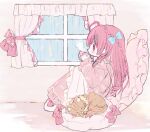  1girl ahoge asasuzu_(sraing315) blue_bow blush bow bow_print braid cat cat_hair_ornament commentary cup curtains dress drinking frilled_pillow frills hair_bow hair_ornament hairclip holding holding_cup indie_virtual_youtuber indoors knees_up long_hair long_sleeves pillow pink_bow pink_dress pink_eyes pink_hair pink_theme rain sitting slippers virtual_youtuber white_slippers window yellow_cat yuuki_sakuna 
