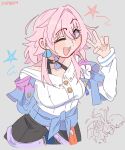  2girls :d black_choker choker commentary english_commentary evernight_(honkai:_star_rail) grey_background hand_up honkai:_star_rail honkai_(series) long_sleeves looking_at_viewer march_7th_(honkai:_star_rail) march_7th_(preservation)_(honkai:_star_rail) multiple_girls open_mouth pink_hair purple_eyes shirt short_hair simple_background smile star_(symbol) unfamousradish upper_body v white_shirt 