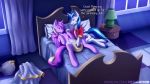  16:9 anthro bed bedroom bodily_fluids dialogue diaper diaper_squish duo english_text equid fetimation friendship_is_magic fur furniture genital_fluids hair horn inside lamp lying mammal my_little_pony night on_back on_bed princess_cadance_(mlp) shining_armor_(mlp) text unicorn urine url watersports wet_diaper wetting winged_unicorn wings 