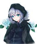  1girl absurdres aqua_eyes bangs black_gloves blush cape cloak fate_(series) flower fur-trimmed_cape fur_trim gloves gray_(lord_el-melloi_ii) green_eyes grey_hair hair_between_eyes highres hood hood_up jacket lord_el-melloi_ii_case_files miying_(13975192760) outstretched_hand rose solo track_jacket white_flower white_rose 