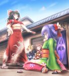  4girls alternate_costume alternate_hairstyle animal_print bell bird_print blonde_hair blue_sky bow braid brown_eyes brown_hair checkered_clothes checkered_kimono cloud commentary_request day dazonipsf defeat facepaint floral_print floral_print_kimono flower frilled_bow frilled_hair_tubes frills furisode gradient_clothes gradient_kimono green_kimono hagoita hair_bell hair_bow hair_flower hair_ornament hair_tubes hakurei_reimu hane_(hanetsuki) hanetsuki hieda_no_akyuu holding holding_paddle japanese_clothes jingle_bell kimono kirisame_marisa long_hair long_sleeves motoori_kosuzu multiple_girls new_year obi orange_sash outdoors paddle print_kimono purple_eyes purple_hair red_bow red_kimono sandals sash side_braid single_braid sitting sky smile socks tasuki touhou two_side_up wariza white_bow white_socks wide_sleeves yellow_eyes yellow_sash 