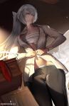  absurdres ak-15_(erwin)_(girls'_frontline) ak-15_(girls'_frontline) black_pants breasts collarbone collared_shirt commentary dressing girls'_frontline girls'_frontline_2:_exilium hair_over_one_eye highres long_sleeves navel necktie official_alternate_costume pants pinkturnip232 ponytail purple_eyes red_pupils shirt twitter_username underboob voymastina_(girls'_frontline_2) white_shirt 