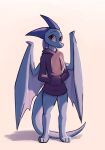  2020 anthro better_version_at_source blue_body bottomless clothed clothing dragon enginetrap female hoodie light lighting looking_at_viewer membrane_(anatomy) membranous_wings simple_background smile solo standing syl_(enginetrap) tan_background topwear wings 