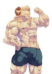  2018 5_fingers abs absurd_res anthro beard biceps big_muscles black_nipples bottomwear bovid brown_horn bulge caprine clothed clothing curtis_wuedti eyebrows facial_hair fingers flexing fur hand_on_hip hi_res horizontal_pupils horn looking_at_viewer male mammal muscular muscular_male nipples pecs shorts simple_background smile solo standing thick_eyebrows topless triceps white_background white_body white_fur 