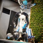 1:1 3d_(artwork) absurd_res animal_genitalia animal_penis anthro anthro_on_anthro armwear balls biped black_body black_clothing black_fur blender_(artwork) blender_cycles_(artwork) blue_body blue_fur blue_penis canid canine canine_genitalia canine_penis canis claws clothed clothing depth_of_field digital_media_(artwork) dominant dragonplayer dragonplayer_(character) erection fox fur genitals grey_body grey_fur hair hand_on_hip hand_on_penis hi_res hybrid inside jex kneeling kneeling_on_ground knot latex latex_armwear latex_clothing latex_legwear latex_thigh_highs legwear male mammal multicolored_body open_mouth outside paws penis reflection rexouium slim slim_anthro slim_male slim_sub smile solo submissive submissive_male sunny tail teasing teasing_viewer thigh_highs white_body white_fur