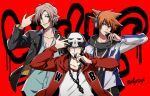  3boys beanie bitou_daisukenojou blonde_hair chain eme_(204) grey_hair happy hat headphones hood hoodie jacket jewelry kiryuu_yoshiya microphone multiple_boys music necklace orange_hair red_background sakuraba_neku shirt short_hair silver_hair singing skull smile smirk spiked_hair subarashiki_kono_sekai zipper 