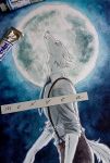  anthro beastars belt canid canine canis clothed clothing eyes_closed full_moon fur hi_res howl legoshi_(beastars) male mammal monyta_art28 moon necktie night signature simple_background solo suspenders watermark white_body white_fur wolf 
