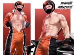  1boy abs bakugou_katsuki biker_clothes bikesuit blonde_hair bodysuit boku_no_hero_academia bulge clothes_down commentary english_commentary fingerless_gloves gloves helmet highres looking_at_viewer male_focus motor_vehicle motorcycle motorcycle_helmet multiple_views muscular muscular_male navel nipples open_clothes orange_bodysuit palipukiki pectorals scar scar_on_chest scar_on_face scar_on_stomach short_hair spiked_hair twitter_username unzipped zipper_pull_tab 