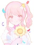  1other akiyama_mizuki closed_mouth collared_dress commentary confetti dress drill_hair drill_ponytail drill_sidelocks flower hair_ribbon high_side_ponytail highres hodokenu_ashita_ni_te_wo_nobashite_(project_sekai) holding holding_flower light_blush looking_at_viewer luka_ruka medium_hair neck_ribbon official_alternate_costume official_alternate_hair_ornament other_focus pink_eyes pink_hair ponytail portrait project_sekai puffy_short_sleeves puffy_sleeves ribbon short_sleeves sidelocks smile solo split_mouth sunflower upper_body white_background white_dress white_ribbon yellow_flower 