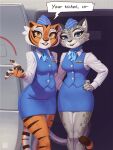  2026 3:4 anthro biped bottomwear breasts claws clothed clothed_anthro clothed_female clothing digital_drawing_(artwork) digital_media_(artwork) dreamworks duo felid female fingers flight_attendant front_view fully_clothed fully_clothed_anthro fully_clothed_female hacatiko hair hi_res kung_fu_panda lian_(kung_fu_panda) looking_at_viewer mammal master_tigress pantherine skirt smile snow_leopard spots standing stripes tail teeth tiger topwear 