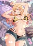 1girl artist_name bikini black_bikini black_choker blonde_hair breasts choker commentary cowboy_shot denim denim_shorts ear_piercing english_commentary floral_print floral_print_bikini grin gurinsensei hat highres kitagawa_marin large_breasts lying multi-strapped_bikini_bottom navel necktie on_back open_fly patreon_username piercing pink_eyes print_bikini short_shorts shorts side-tie_bikini_bottom smile solo sono_bisque_doll_wa_koi_wo_suru stomach swimsuit twitter_username twitter_x_logo unworn_hat unworn_headwear unworn_necktie 