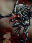 2boys abs arthropod_boy backpack bag black-son brown_hair buttons clawed_feet claws collared_shirt commentary digimon digimon_(creature) digimon_adventure drooling empty_eyes extra_arms giant_insect gloves horns insect_wings izumi_koshiro kabuterimon multiple_boys muscular muscular_male no_eyes open_mouth orange_shirt saliva scared sharp_teeth shirt short_hair single_horn spiked_hair teeth tongue tongue_out wings yellow_gloves 