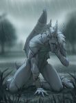 2026 anthro biped claws digital_drawing_(artwork) digital_media_(artwork) dragon feet fingers front_view hair hi_res horn kneeling male mergremil mythological_creature mythological_scalie mythology navel nude nude_anthro nude_male outside plant raining scalie sculpture solo statue tail toes tree wings