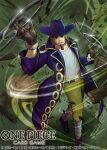  1boy brown_gloves closed_mouth coat commentary_request copyright_name facial_hair glint gloves goatee green_pants hat heart heart-shaped_eyewear jango_(one_piece) male_focus moopic official_art one_piece one_piece_card_game pants purple_coat purple_hat sash shirt solo white_shirt 
