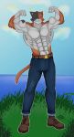  2020 abs absurd_res anthro biceps bottomwear clothed clothing digital_media_(artwork) domestic_cat epic_games felid feline felis flexing fortnite fur hi_res looking_at_viewer male mammal meowscles_(fortnite) muscular muscular_male pants pecs simple_background smile solo standing topless video_games zephir 