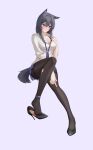 1girl absurdres alter_kamerade alternate_costume animal_ear_piercing animal_ears arknights averting_eyes black_bra black_hair black_pantyhose black_shoes black_tail blush bra breasts chinese_commentary cleavage collarbone collared_shirt commentary_request embarrassed full_body hair_between_eyes highres knee_up long_hair medium_breasts open_collar pantyhose partial_commentary shirt shoe_dangle shoes solo tail texas_(arknights) thighband_pantyhose torn_clothes torn_pantyhose underwear white_shirt wolf_ears wolf_girl wolf_tail yellow_eyes 