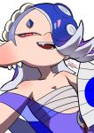  1girl :d bare_shoulders blue_hair blue_shawl breasts cephalopod_eyes chest_sarashi cleavage commentary_request earrings eyeliner fang fangs folding_fan hachimaki hair_over_one_eye hand_fan headband holding holding_fan horizontal_pupils isamu-ki_(yuuki) jewelry long_hair looking_at_viewer makeup multiple_earrings nejiri_hachimaki open_mouth pink_pupils pointy_ears poncho red_eyeliner red_eyes sarashi see-through_clothes shawl shiver_(splatoon) simple_background small_breasts smile solo splatoon_(series) splatoon_3 suction_cups teeth tentacle_hair upper_body white_background 