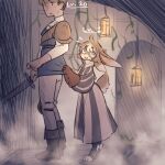 1:1 anthro armor blue_eyes bodily_fluids bottomwear brown_body brown_fur clothing dungeon duo ears_back feet female flying_sweatdrops fog fur gloves grabbing_another hair handwear hi_res holding_melee_weapon holding_object holding_sword holding_weapon human lagomorph lamp lantern leather leather_armor leporid level_difference level_number long_skirt looking_at_another male male/female mammal melee_weapon messy_hair multicolored_body multicolored_fur multicolored_hair open_mouth oversized_clothing pattern_clothing pivoted_ears pupils rabbit red_clothing red_gloves red_handwear scared scut_tail short_hair short_tail simple_background skirt stirrup_legwear striped_clothing stripes sweat sweatdrop sweater sword tail tateoftot toes topwear turtleneck weapon white_body white_fur white_pupils