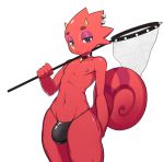  2020 animal_crossing anthro bug_net bulge chameleon choker clothing eyeshadow flick_(animal_crossing) girly hi_res horn jewelry lizard looking_at_viewer makeup male narrowed_eyes necklace net nintendo nipples piercing purple_eyes red_body red_skin redwolfxiii reptile scalie simple_background solo spikes thick_thighs thong underwear underwear_only video_games white_background wide_hips 