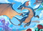 2025 3_fingers ambiguous_gender armor blue_body blue_scales cloud day dragon duo english_text feral final_fantasy final_fantasy_xi fingers flower flying hasbro headgear helmet hi_res human magic:_the_gathering mammal membrane_(anatomy) membranous_wings mythological_creature mythological_scalie mythology official_art open_mouth outside palm_tree plant plate_armor scales scalie smile square_enix tail text thatjaykart tree wings wizards_of_the_coast