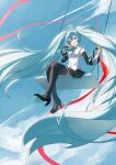  1girl absurdres aqua_eyes aqua_hair aqua_necktie aqua_trim arm_tattoo black_skirt black_thighhighs blue_sky blush breasts collared_shirt commentary_request detached_sleeves full_body hair_between_eyes hair_ornament hatsune_miku hatsune_miku_(nt) highres layered_sleeves long_hair long_sleeves looking_at_viewer medium_breasts necktie number_tattoo official_alternate_costume open_mouth piapro_studio pleated_skirt remiz-0v0 ribbon see-through_clothes see-through_sleeves shirt skirt sky sleeveless sleeveless_shirt smile solo tattoo thighhighs twintails very_long_hair vocaloid white_shirt 