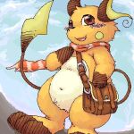 1:1 2008 ambiguous_gender blue_sky chibi dipstick_tail feral fur generation_1_pokemon gloves_(marking) japanese_description kemono leg_markings low_res markings nintendo pokemon pokemon_(species) raichu scarf semi-anthro shoulder_bag sky socks_(marking) solo su1ka tail tail_markings white_body white_fur yellow_body yellow_fur