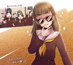  >:) 1girl akihitohappy braid brown_dress brown_hair center-flap_bangs commentary_request dated derivative_work dress facing_viewer game_screenshot_inset hand_on_own_chin hashtag hasu_no_sora_school_uniform head_tilt kachimachi_kosuzu link!_like!_love_live! long_sleeves love_live! medium_dress neckerchief orange-framed_eyewear pleated_dress reference_inset sailor_collar sailor_dress school_uniform screenshot_inset screenshot_redraw side_braids solo sparkle sunglasses translation_request v-shaped_eyebrows virtual_youtuber white_sailor_collar winter_uniform yellow_background yellow_neckerchief 