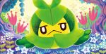  black_eyes closed_mouth creature flower frown full_body gen_5_pokemon grass looking_at_viewer no_humans official_art pokemon pokemon_(creature) pokemon_trading_card_game shibuzoh solo swadloon 