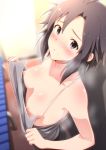  1girl antenna_hair bare_shoulders black_hair blurry blush breasts camisole_lift changing_room collarbone depth_of_field from_above frown idolmaster idolmaster_(classic) indoors kikuchi_makoto looking_at_viewer looking_up nipples parted_lips purple_eyes short_hair small_breasts solo steaming_body sweat tengu_(tetuo_kun) 