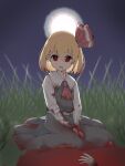  1girl 1other ascot between_legs black_ascot black_skirt black_vest blonde_hair blood blood_from_mouth blood_in_hair blood_on_clothes blood_on_face blood_on_ground blood_on_hands closed_mouth collared_shirt commentary_request death full_body full_moon grass hair_between_eyes hair_ribbon implied_cannibalism long_sleeves looking_at_viewer moon night outdoors red_eyes red_ribbon red_shoes ribbon rumia shirt shoes short_hair sitting skirt skirt_set sleeve_cuffs solo_focus tetra_shigure touhou vest white_shirt 