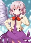  1girl blush bow bowtie braid breasts closed_mouth commentary_request completion_time dress feathered_wings grey_hair grey_wings half_up_braid highres kishin_sagume long_sleeves looking_at_viewer medium_hair pink_eyes purple_dress red_bow red_bowtie ruu_(tksymkw) single_wing small_breasts smile solo touhou wings 