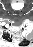 1_eye 2023 ambiguous_gender anthro avian biped bird blush blush_stickers castle dark_matter_(kirby) detailed_background determined digital_drawing_(artwork) digital_media_(artwork) duo_focus eyeball_monster gooey_(kirby) greyscale group hatching_(art) hi_res japanese_description king_dedede kirby kirby's_dream_land_3 kirby_(series) looking_at_another looking_up male_(lore) monochrome mu-u_(artist) nintendo outside penguin shaded unconscious waddling_head zero_(kirby)