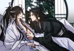  2boys ahoge alternate_costume bishounen black_hair black_hanfu blurry blurry_background blush chinese_clothes closed_mouth commentary_request cosplay costume_switch couple from_side grey_eyes grey_sash hair_bun hair_ribbon hand_on_another's_stomach hanfu headband high_ponytail hug indoors korean_commentary lan_wangji lan_wangji_(cosplay) lattice long_hair long_sleeves looking_at_another lying male_focus modao_zushi mugwortrice multiple_boys on_back open_clothes open_mouth open_robe pectorals ponytail profile red_ribbon ribbon robe round_window sidelocks single_hair_bun smile sweatdrop very_long_hair wei_wuxian wei_wuxian_(cosplay) white_hanfu white_headband wide_sleeves window xiao_guan_(headdress) yaoi yellow_eyes 