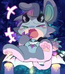 2_horns anthro blush blush_lines blush_stickers candle chibi claws cosmic_background countershading cute_fangs devil_connection devilun_(makemon) dogblin fangs heterochromia hi_res horn kemono laugh makemon male open_mouth pawpads solo starry_background summoning teeth tuft