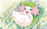  :d creature day flower full_body gen_4_pokemon glowing grass green_eyes happy lying mizue no_humans official_art on_back open_mouth outdoors pokemon pokemon_(creature) pokemon_trading_card_game shaymin shaymin_(land) smile solo sparkle sunlight 
