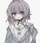  +_+ 1girl blue_eyes bright_pupils buttons closed_mouth commentary earrings hair_intakes honkai:_star_rail honkai_(series) jewelry long_sleeves march_7th_(honkai:_star_rail) march_7th_(preservation)_(honkai:_star_rail) medium_hair mm_iy33 multicolored_eyes pink_eyes pink_hair single_earring smile solo untranslatable_commentary upper_body white_pupils white_sleeves 