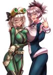  2girls asui_tsuyu asui_tsuyu_(cosplay) asymmetrical_docking black_bow blue_eyes blush bodysuit boku_no_hero_academia bow breast_press commentary_request cosplay cowboy_shot eyes_visible_through_hair facepaint fate/grand_order fate_(series) gloves goggles goggles_on_head green_bodysuit hair_bow hand_on_another's_shoulder headgear highres looking_at_viewer miyamoto_musashi_(fate) multicolored_bodysuit multiple_girls nail_polish okita_souji_(fate) open_mouth pink_hair pink_nails ponytail short_hair short_hair_with_long_locks simple_background smile superhero_costume takecha two-tone_bodysuit uraraka_ochaco uraraka_ochaco_(cosplay) v voice_actor_connection white_background white_gloves 
