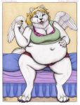  auroralicious belly big_belly blonde_hair bottomwear bra canid canine canis clothed clothing digitigrade ear_piercing eating female food hair mammal obese overweight overweight_female piercing sitting skirt solo underwear wings wolf 