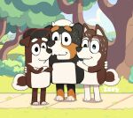 2023 age_difference anita_gutman anthro arms_around_shoulders baseball_cap biped bluey_(series) bud_gutman building canid canine canis clothing cloud crossed_arms day detailed_background domestic_dog eyebrows father_(lore) father_and_child_(lore) father_and_son_(lore) featureless_crotch felix_gutman female fur grass group hair hat headgear headwear hi_res house hug izvy_(artist) looking_at_viewer male mammal mature_anthro mature_female mature_male mother_(lore) mother_and_child_(lore) mother_and_son_(lore) nude outside parent_(lore) parent_and_child_(lore) parent_and_son_(lore) plant shadow shrub signature smile son_(lore) standing style_emulation toony tree trio tuft