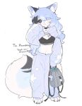  1girl :3 animal_ear_fluff animal_ears animal_feet bag bag_charm black_choker black_sclera black_streaks blue_eyes blue_fur blue_hair body_fur bright_pupils charm_(object) choker clothing_request colored_sclera commentary crop_top cropped_hoodie fluffy full_body furry furry_female gomafuto heterochromia highres holding holding_bag hood hood_down hoodie long_hair long_sleeves multicolored_hair navel open_clothes open_hoodie original pants simple_background sleeves_past_fingers sleeves_past_wrists solo stomach streaked_hair tail white_background white_fur 