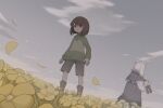  1boy 2others androgynous asriel_dreemurr black_boots boots brown_hair carrying carrying_person chara_(undertale) character_request closed_mouth cloud commentary_request dutch_angle falling_petals field flower flower_field furry furry_male green_sweater grey_shorts grey_sky legs_apart long_sleeves multiple_others outdoors petals princess_carry red_eyes short_hair shorts sky stomach sweater tetra_shigure undertale utdr_(toby_fox) wide_shot yellow_flower yellow_petals 