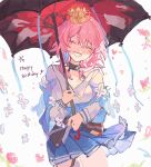  1girl black_choker blue_jacket blue_skirt breasts choker closed_eyes commentary_request crown happy_birthday heart highres holding holding_umbrella honkai:_star_rail honkai_(series) jacket long_sleeves march_7th_(honkai:_star_rail) march_7th_(preservation)_(honkai:_star_rail) medium_breasts medium_hair multicolored_jacket nonoko_(nocnnc_0228) off-shoulder_jacket off_shoulder pink_hair pink_jacket pink_pupils sketch skirt smile solo umbrella 