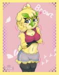 anthro avian beak big_breasts bird bottomwear breasts browt clothing crossed_arms eyebrows female fluffy fluffy_tail generation_10_pokemon green_body grumpy hi_res mvikt nintendo pokemon pokemon_(species) pokemon_winds_and_waves shorts solo tail