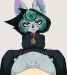 absurd_res big_breasts bottom_heavy breasts clitoris clothing curvy_figure female genitals green_hair hair hi_res hood hoodie humanoid humanoid_pointy_ears inner_ear_fluff jazzelart league_of_legends long_sleeves pink_eyes pointy_ears pussy-cat_(meme) riot_games shortstack solo sweater tencent thick_thighs topwear tuft vex_(lol) voluptuous voluptuous_female voluptuous_humanoid vulva wide_hips yordle